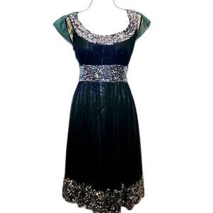 Adrianna Papell Beaded Sequin & Silk Midi Cocktail Evening Dress Size 4